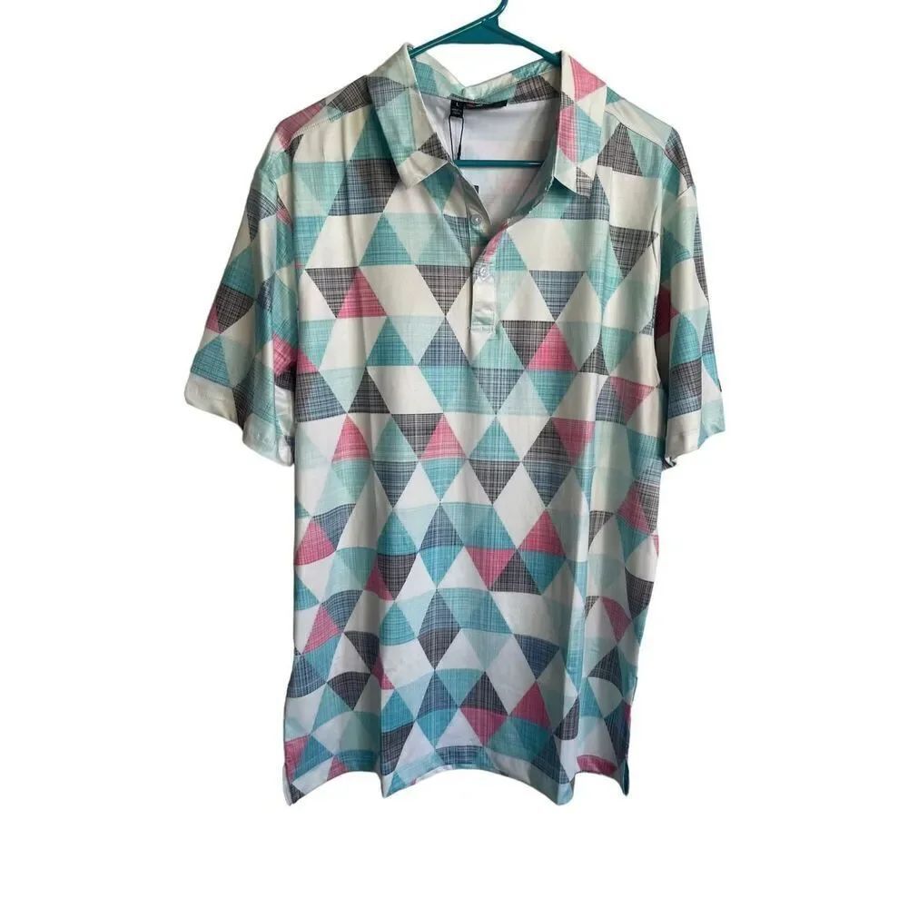 New Yatta Mens Multicolor Geometric Two Button Placket Golf Polo Shirt Size L